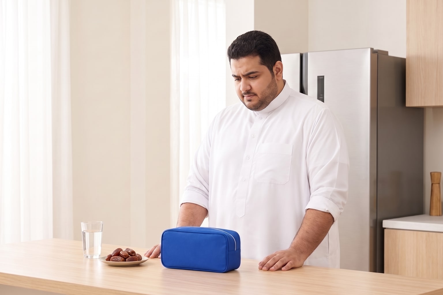 رجل واقف في مطبخه ويداه على الطاولة، ينظر إلى حقيبة زرقاء مغلقة أمامه