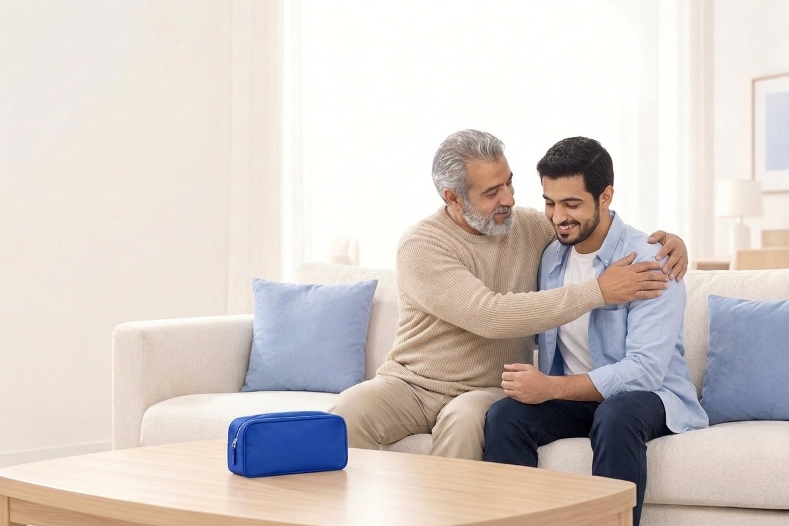 أب يحتضن ابنه بدعم ومحبة في المنزل