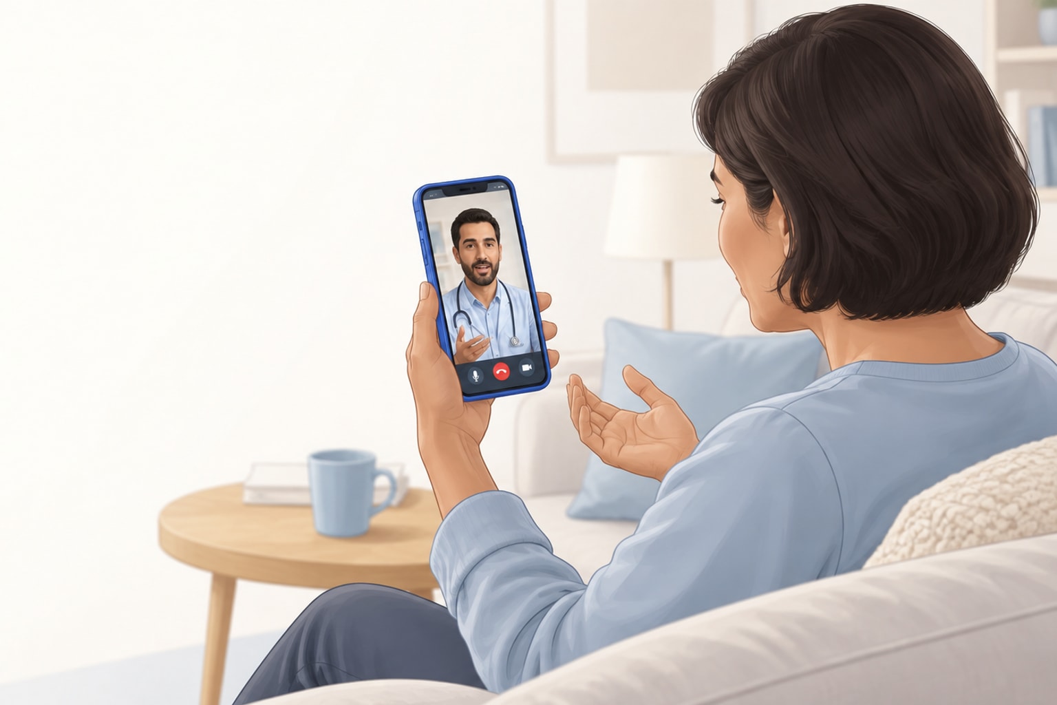رجل يضع سماعة أذن في منزله خلال استشارة عن بُعد